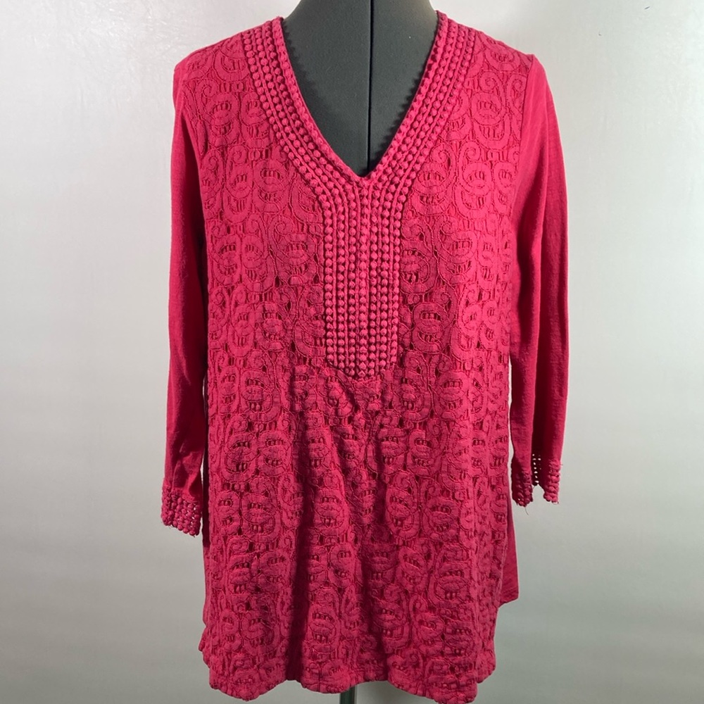 Grayson V Neck Embroidery Detail 3/4 Sleeve Top Size OX